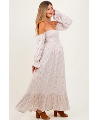 Pinkblush Maternity Cream Floral Smocked Off Shoulder Maxi Dress