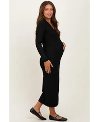 Pinkblush Maternity Black Ribbed Knit Button Down Long Sleeve Midi Dress