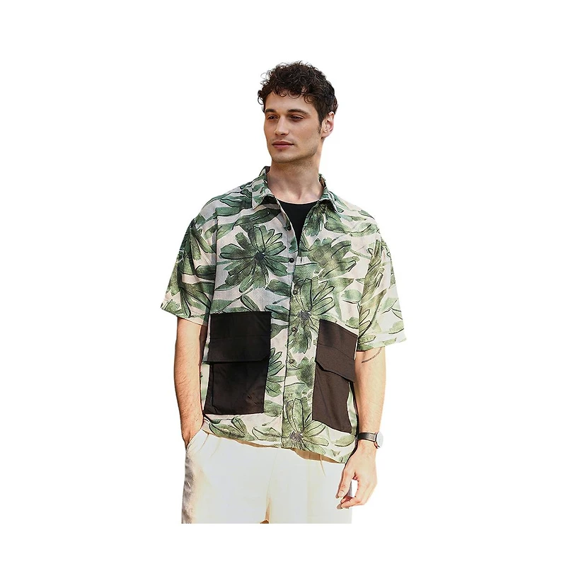 Campus Sutra Men's Jungle Green & Ivory White Flora-Stroke Oversized Shirt