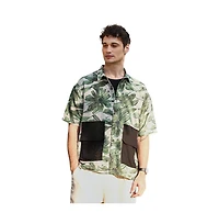 Campus Sutra Men's Jungle Green & Ivory White Flora-Stroke Oversized Shirt
