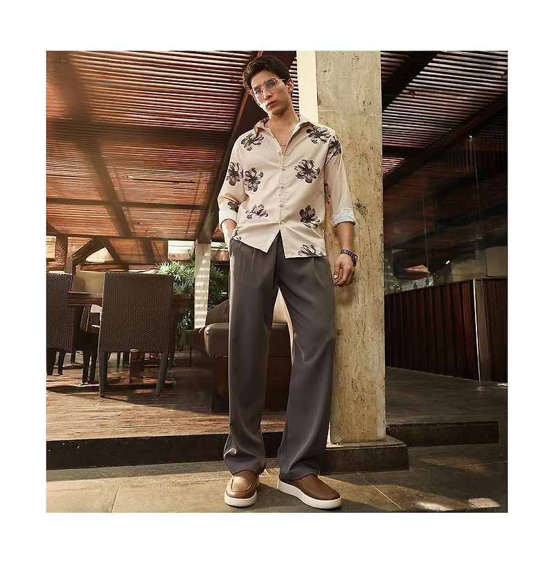 Campus Sutra Men's Ecru Beige & Midnight Black Withering Flora Imprint Shirt