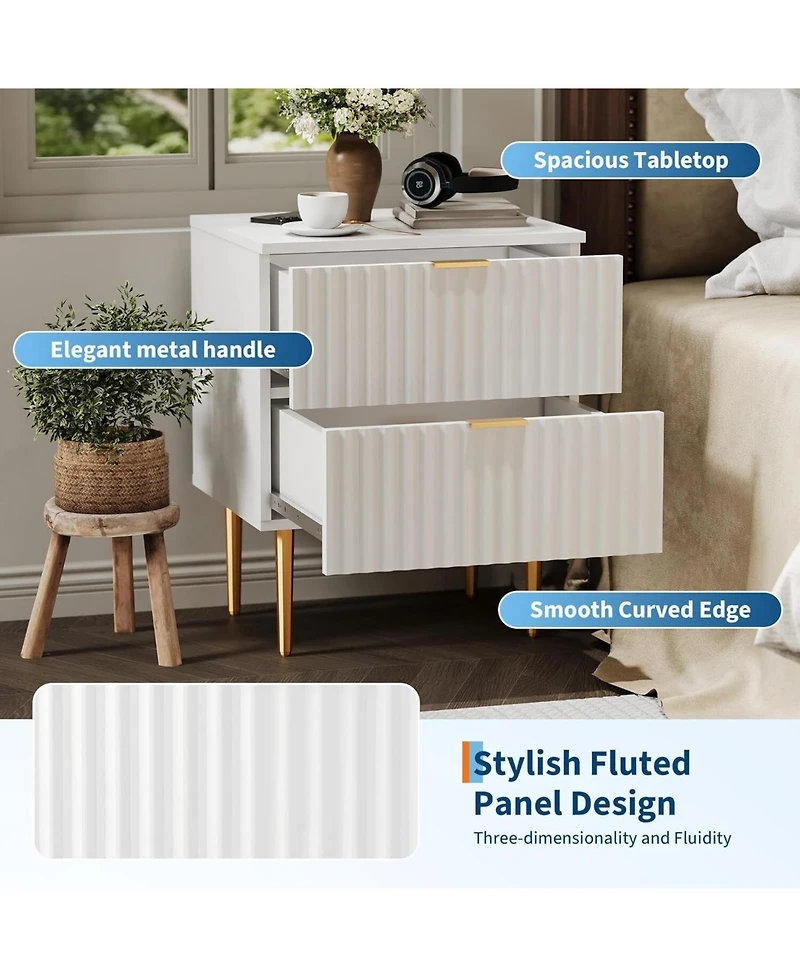gaomon 2pcs Modern Nightstand with 2 Drawers, Golden and Wood Fluted Night Stand with Charging Station, Bedside Table with Usb Ports and Outlets.