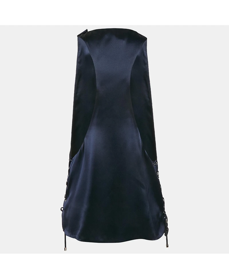 Pre-Owned Salvatore Ferragamo Women's Navy Blue Satin Silk Lace-Up Detail Sleeveless Top