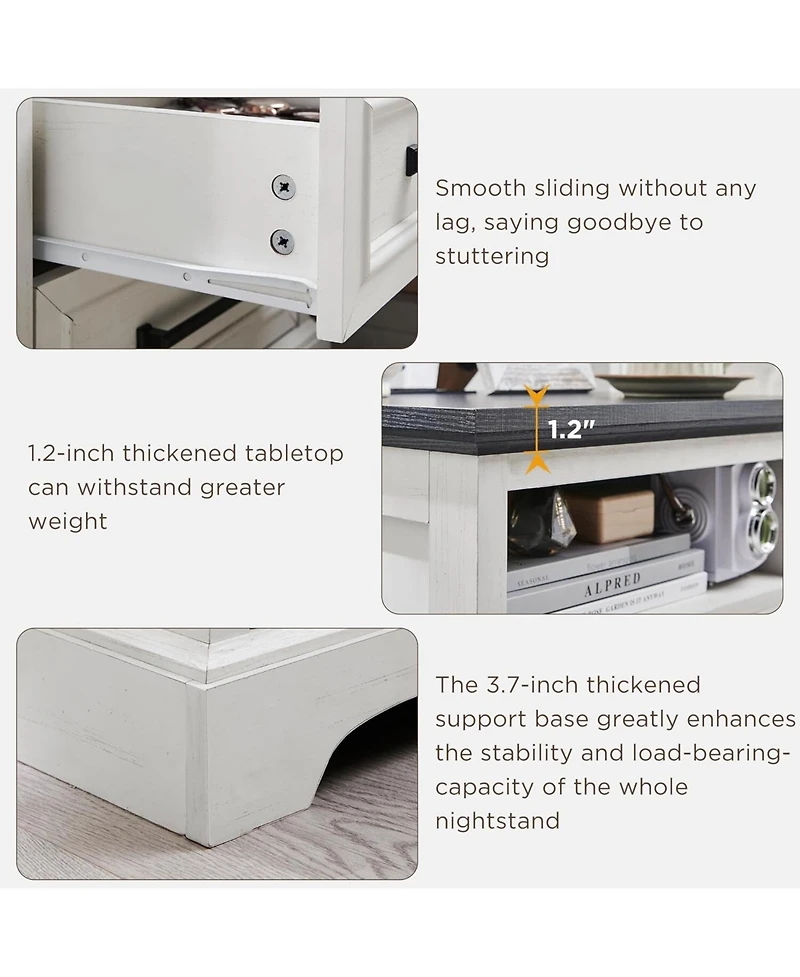 gaomon 18" Farmhouse Nightstand Set of 2 with Charging Station,End Table with 2 Drawers Storage,Side Table,Bedside Cabinet, White