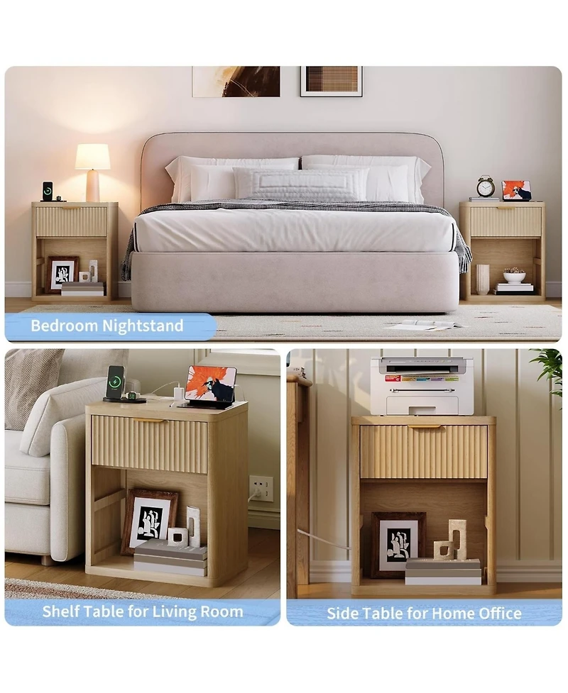 gaomon Set of 2 Charging Station, Drawers and Open Storage Space, Natural Color Fluted Nightstand Bedside Table