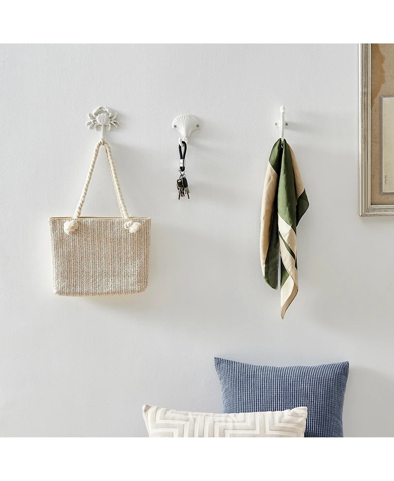 Danya B White Cast Iron Nautical Ocean Sculpture Wall Hook Set of 3 - Seashell, Crab, Seahorse