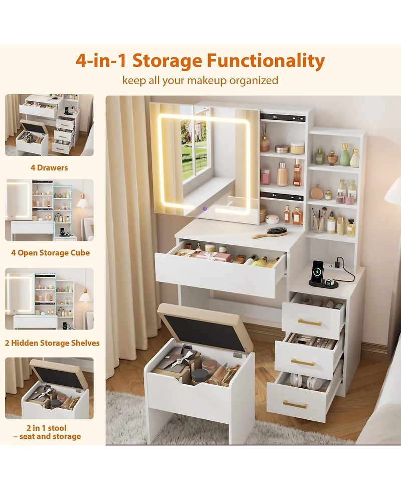 gaomon Vanity Desk with Sliding Mirror and Lights, Modern Makeup Table 4 Drawers 7 Storage Shelves