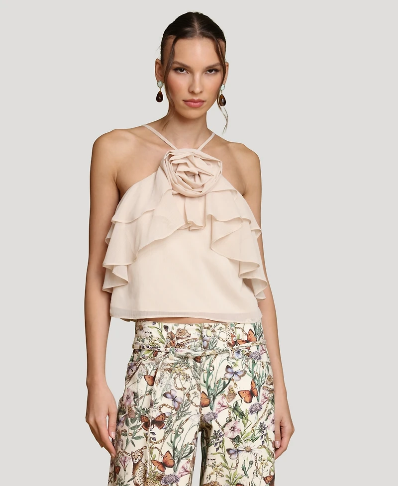 Avec Les Filles Women's Ruffle Halter Neck Top