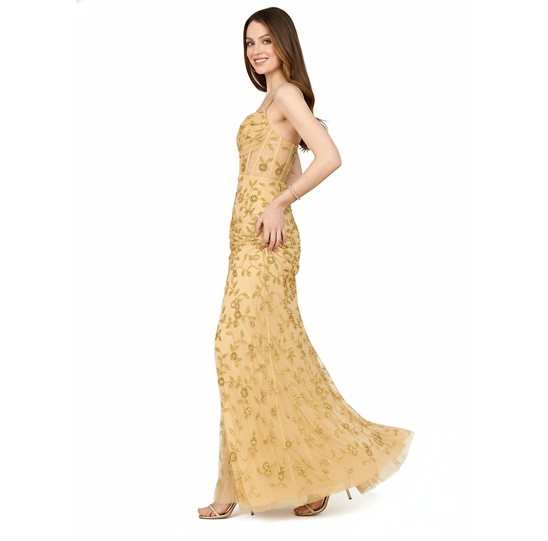 Lara Women's Beaded Corset Gown with Slit