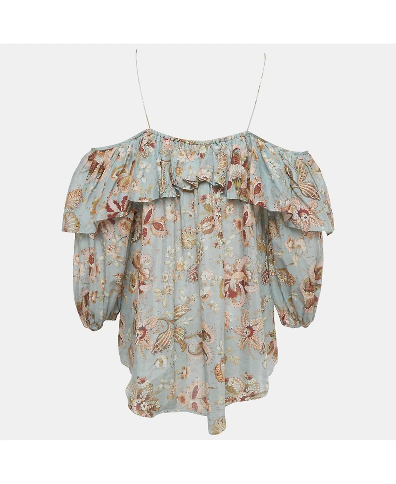 Pre-Owned Zimmermann Women's Blue Floral Print Cotton Ruffled Blouse