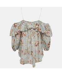 Pre-Owned Zimmermann Women's Blue Floral Print Cotton Ruffled Blouse