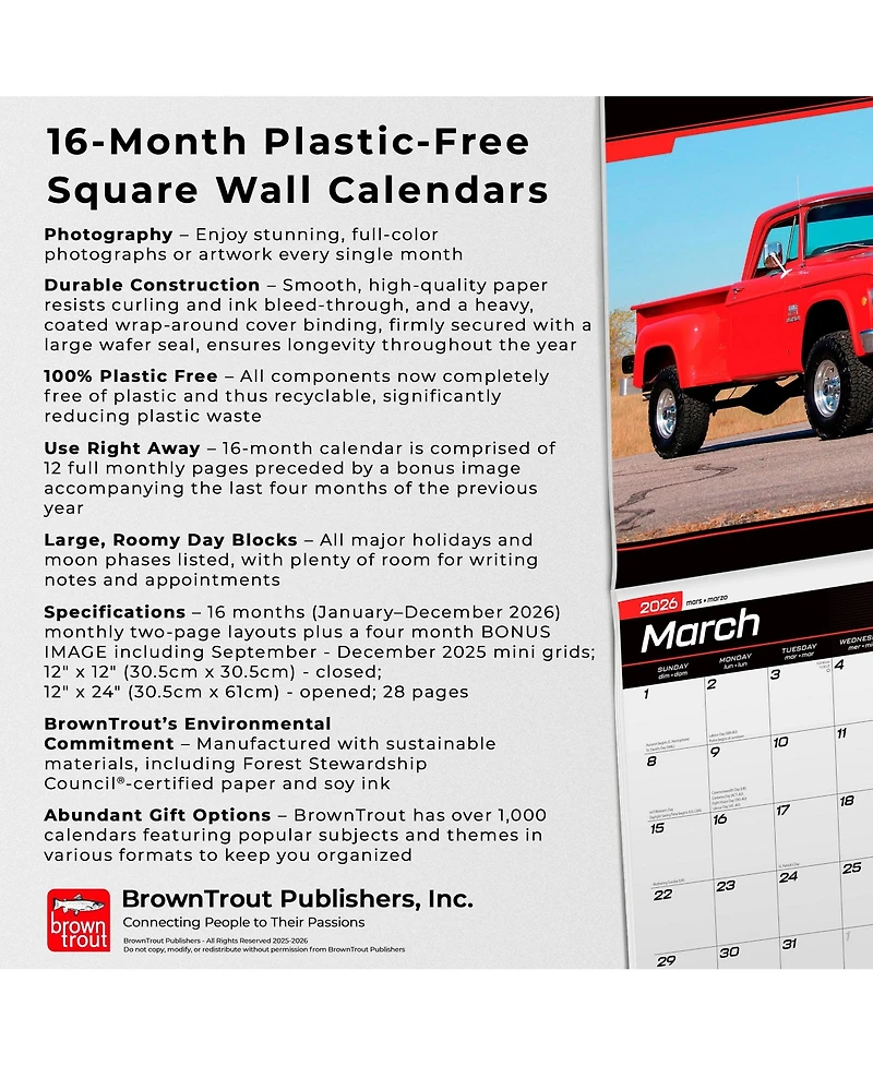 BrownTrout Classic American Pickups Official | 2026 12 x 24 Inch Monthly Square Wall Calendar | Foil Stamped Cover | Plastic-Free