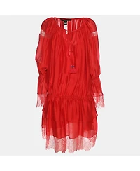 Pre-Owned Roberto Cavalli Women's Red Silk And Lace Trim Mini Dress