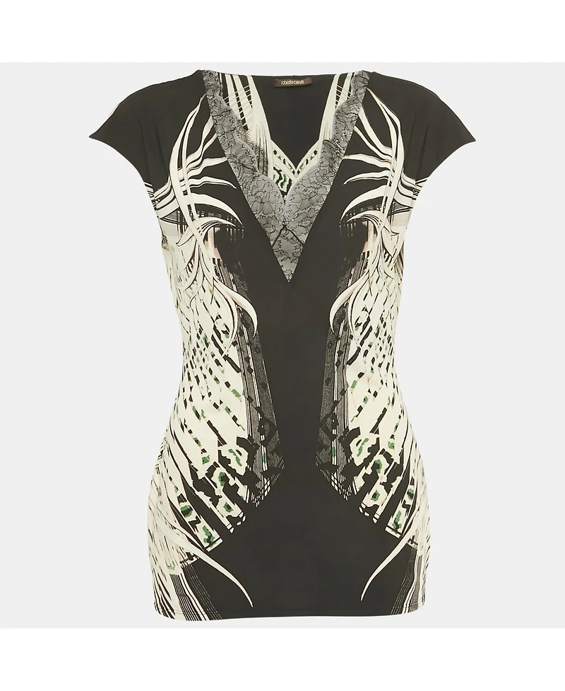 Pre-Owned Roberto Cavalli Women's Beige Cotton And Modal Faux Feather Detail T-Shirt