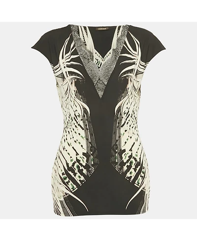 Pre-Owned Roberto Cavalli Women's Beige Cotton And Modal Faux Feather Detail T-Shirt