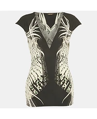 Pre-Owned Roberto Cavalli Women's Beige Cotton And Modal Faux Feather Detail T-Shirt