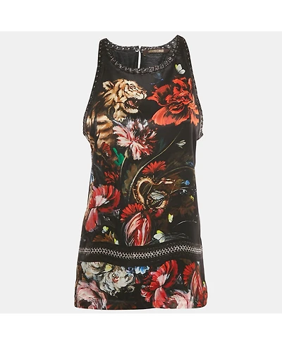 Pre-Owned Roberto Cavalli Women's Floral Print Silk Lace-Up Leather Tank Top