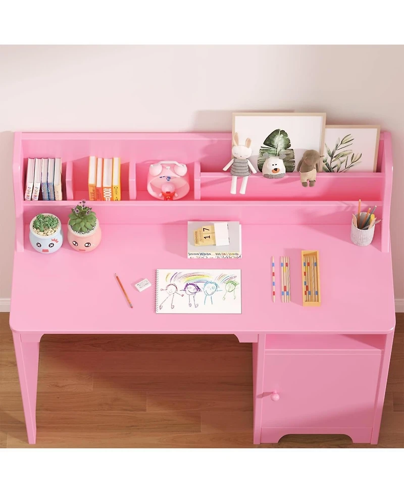Gaomon kids desk and chair set with hutch and storage cabinet, wooden study table for boys and girls, ideal for writing, computer work, and learning.
