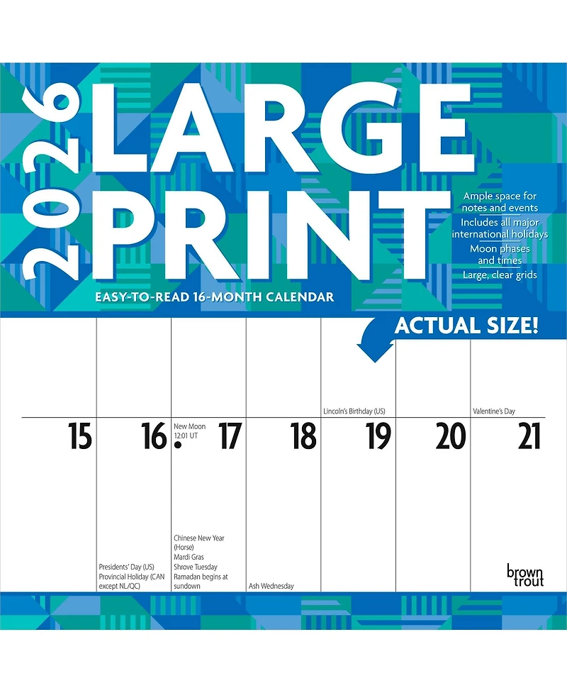 BrownTrout Large Print | 2026 12 x 24 Inch (Hanging) Monthly Square Wall Calendar | Matte Paper | Plastic-Free