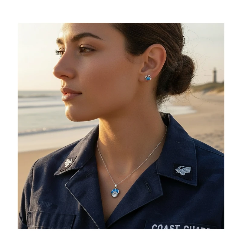 Bling Jewelry Nautical Created Blue Opal Conch Pendant Necklace & Crab Stud Earrings Jewelry Set Sterling Silver