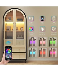 Gaomon 70" Arched Pantry Cabinet with Led Lights, 3 Drawers, Adjustable Shelf & Glass Doors, Black & Oak