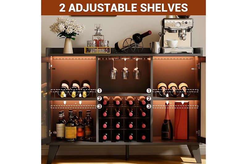 gaomon Farmhouse Wine Bar Cabinet With Led Lights, Home Coffee Bar Cabinet With Wine Racks and Glass Holders
