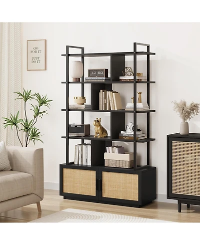 Gaomon 5 Tier Rattan Bookshelf with Storage Cabinet & Door, 5 Shelf Bookcase with Metal Frame for Living Room, Bedroom