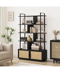 Gaomon 5 Tier Rattan Bookshelf with Storage Cabinet & Door, 5 Shelf Bookcase with Metal Frame for Living Room, Bedroom