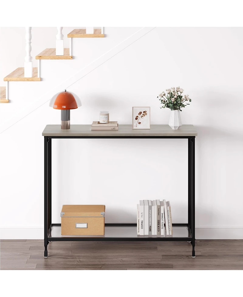 Gaomon Narrow Console Table 32" Entryway Table with Glass Shelf and Metal Frame Couch Table Side Table with 2 Storage Shelves for Living Room