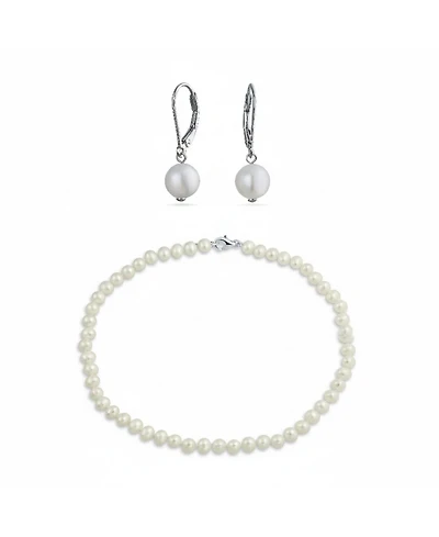 Bling Jewelry Hand-Knotted White Freshwater Pearl Necklace & Drop Pearl Earring Jewelry Set in Sterling Silver
