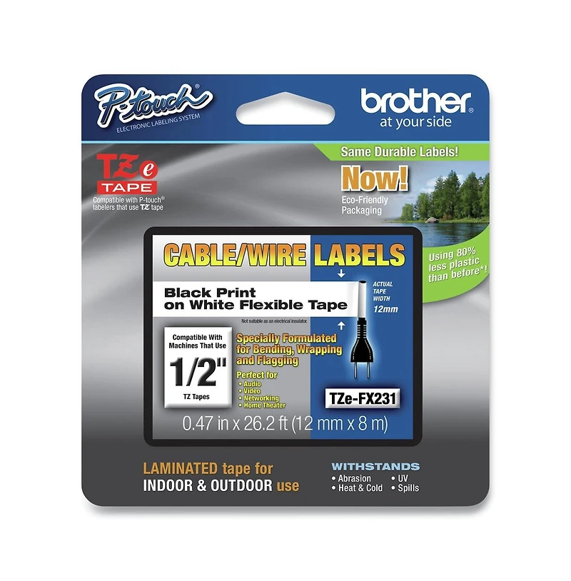 Brother P-Touch TZEFX231 0.47 in. x 26.2 ft. Flexible Id Tape - Black on White
