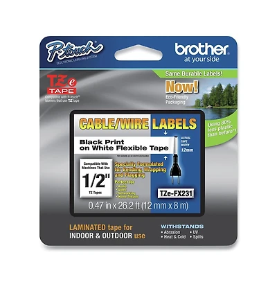 Brother P-Touch TZEFX231 0.47 in. x 26.2 ft. Flexible Id Tape - Black on White