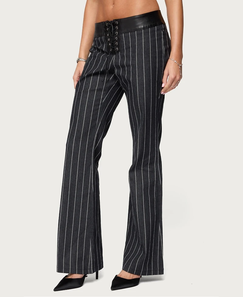 Edikted Women's Pinstripe & Faux Leather Low Rise Flared Jeans