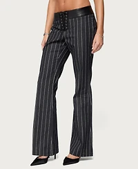 Edikted Women's Pinstripe & Faux Leather Low Rise Flared Jeans