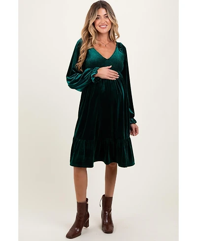 Pinkblush Maternity Forest Green Velvet Smocked Long Sleeve Dress
