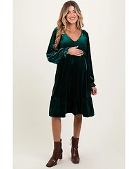 Pinkblush Maternity Forest Green Velvet Smocked Long Sleeve Dress