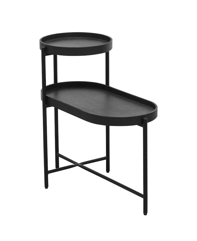 sumyeg Black 2-Tier Side Table with Metal Frame and Wooden Storage