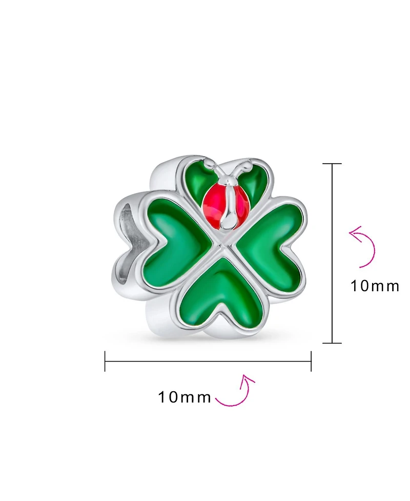 Bling Jewelry Set of 2 Love Grows Red Flower Heart Dangle & 3D Red Lady Bug Green Heart Clover Charm Bead Enamel Sterling Silver