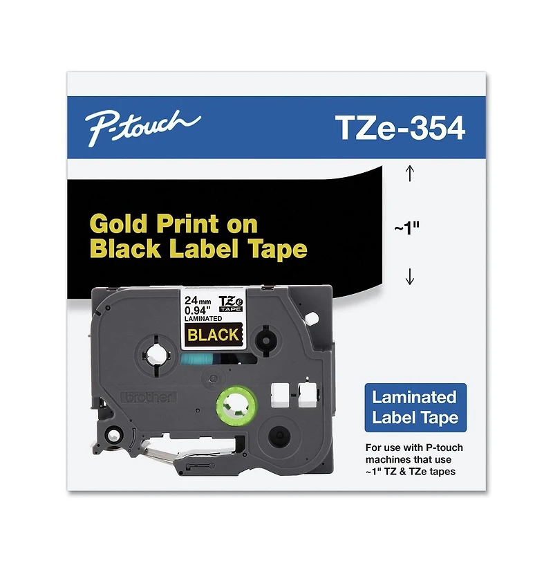 Brother P-Touch TZE354 0.94 in. x 26.2 ft. TZe Standard Adhesive Laminated Labeling Tape - Gold on Black