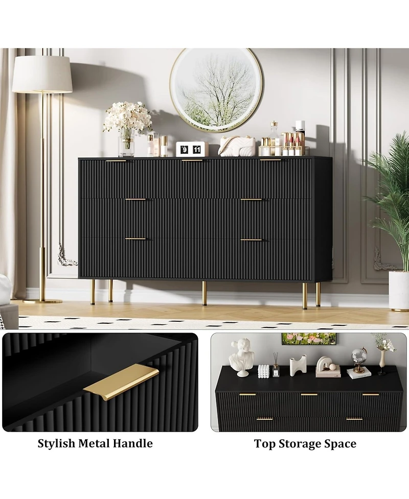 7 Drawer Fluted Dresser for Bedroom, Chest with Gold Handle, Modern Storage Organizer for Closet, Hallway