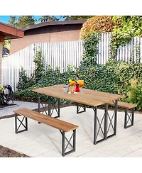 Costway 3 Pcs Outdoor Acacia Wood Patio Dining Table Bench Set with 2'' Umbrella Hole