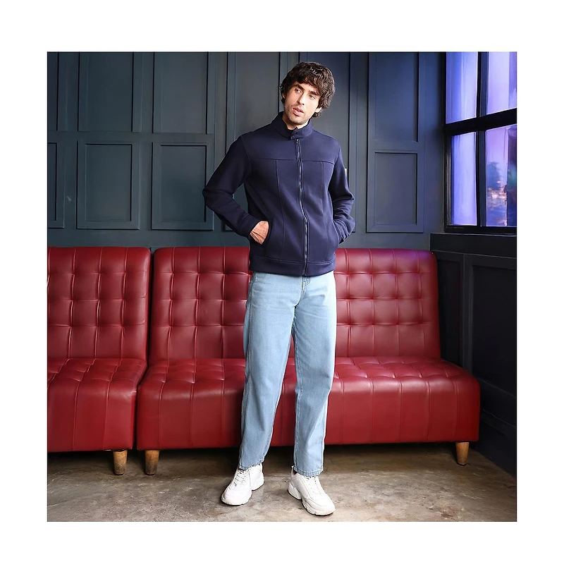 Campus Sutra Men's Navy Blue Panel-Stitch Knit Sweatshirt