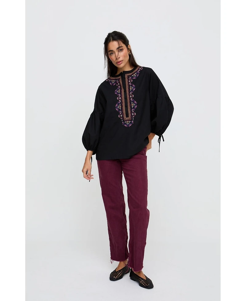 Raffya Women's Anai Half Placket Embroidered Blouse