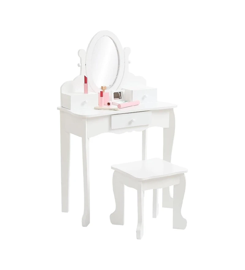 gaomon Adjustable Mirror Kids Vanity Set with Stool and Storage Drawers – Wooden Princess Makeup Dressing Table for Ages 4–9