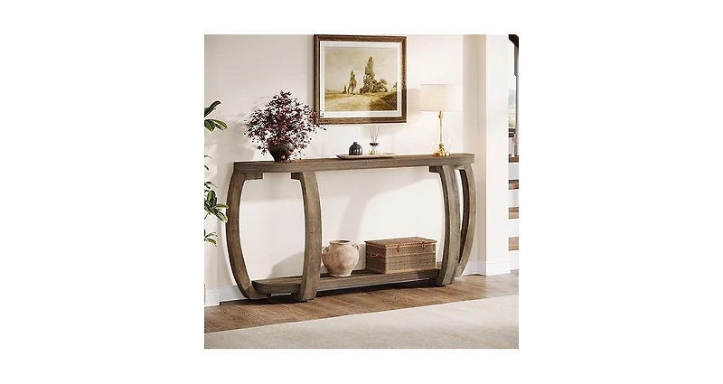 Tribesigns Farmhouse Wooden Console Table with Open Shelf, 63-Inch Long Sofa Entryway Table with Curved Legs for Living Room, Hallway, Entrance