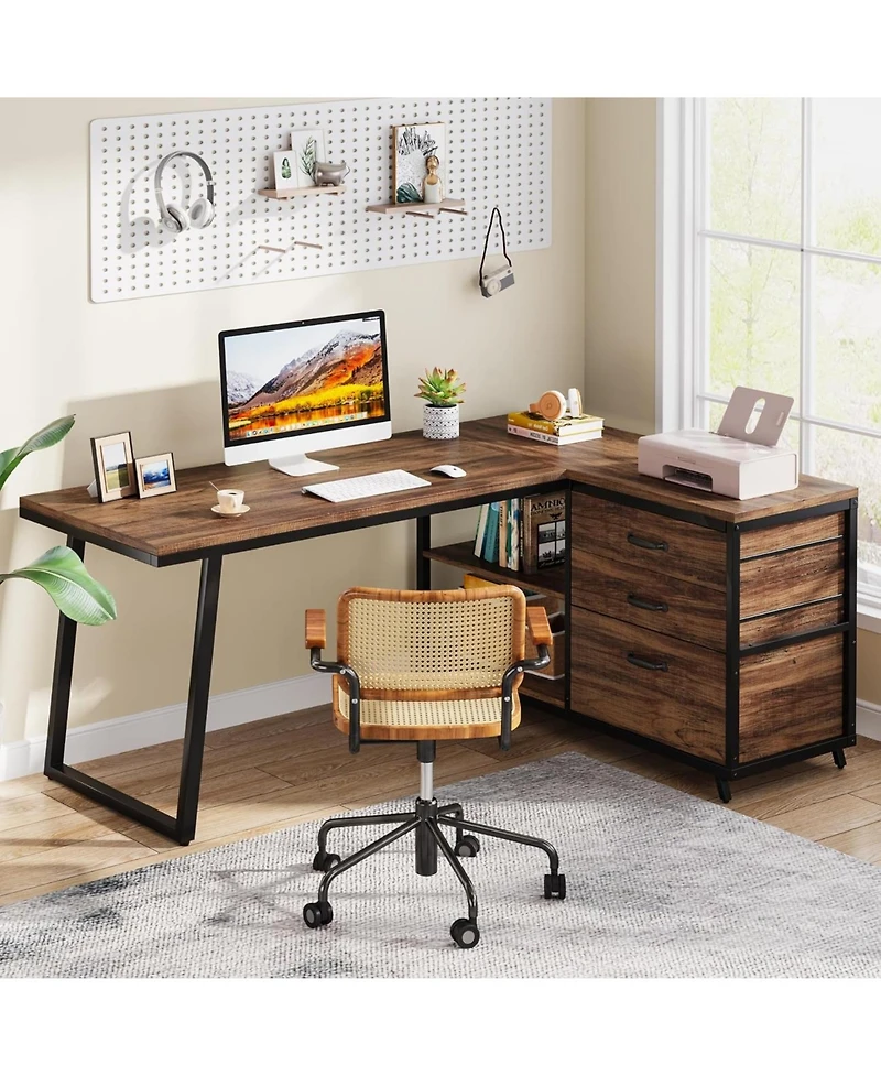 Tribesigns 53" W × 19.7" Wood L-Shaped Desk with 3 Drawers, Reversible Corner Home Office Computer Shelves