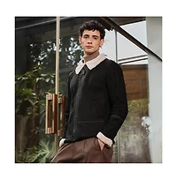 Campus Sutra Men's Midnight Black Contrast Sherpa-Lined Suede Rider Jacket