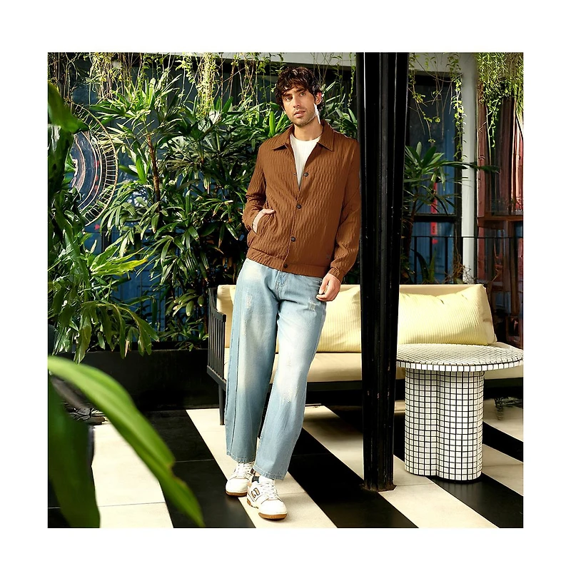 Campus Sutra Men's Teddy Brown Crease-Tactile Bomber Jacket