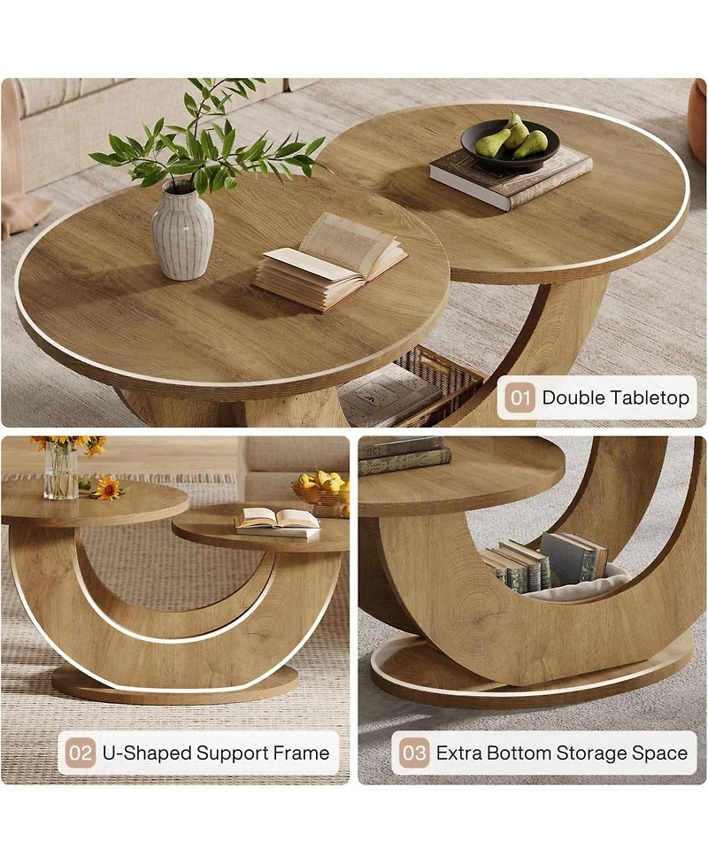 Tribesigns Round Coffee Table, 2-Tier Farmhouse Coffee Table with U-Shaped Frame