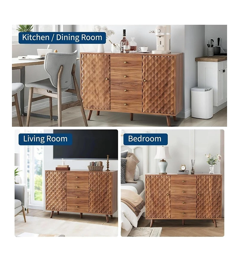 Gaomon Sideboard Cabinet with 4 Drawers, Buffet Cabinet with Storage,Mid Century Modern Sideboards with 2 Door, Kitchen, Dining, Living Room, Brown